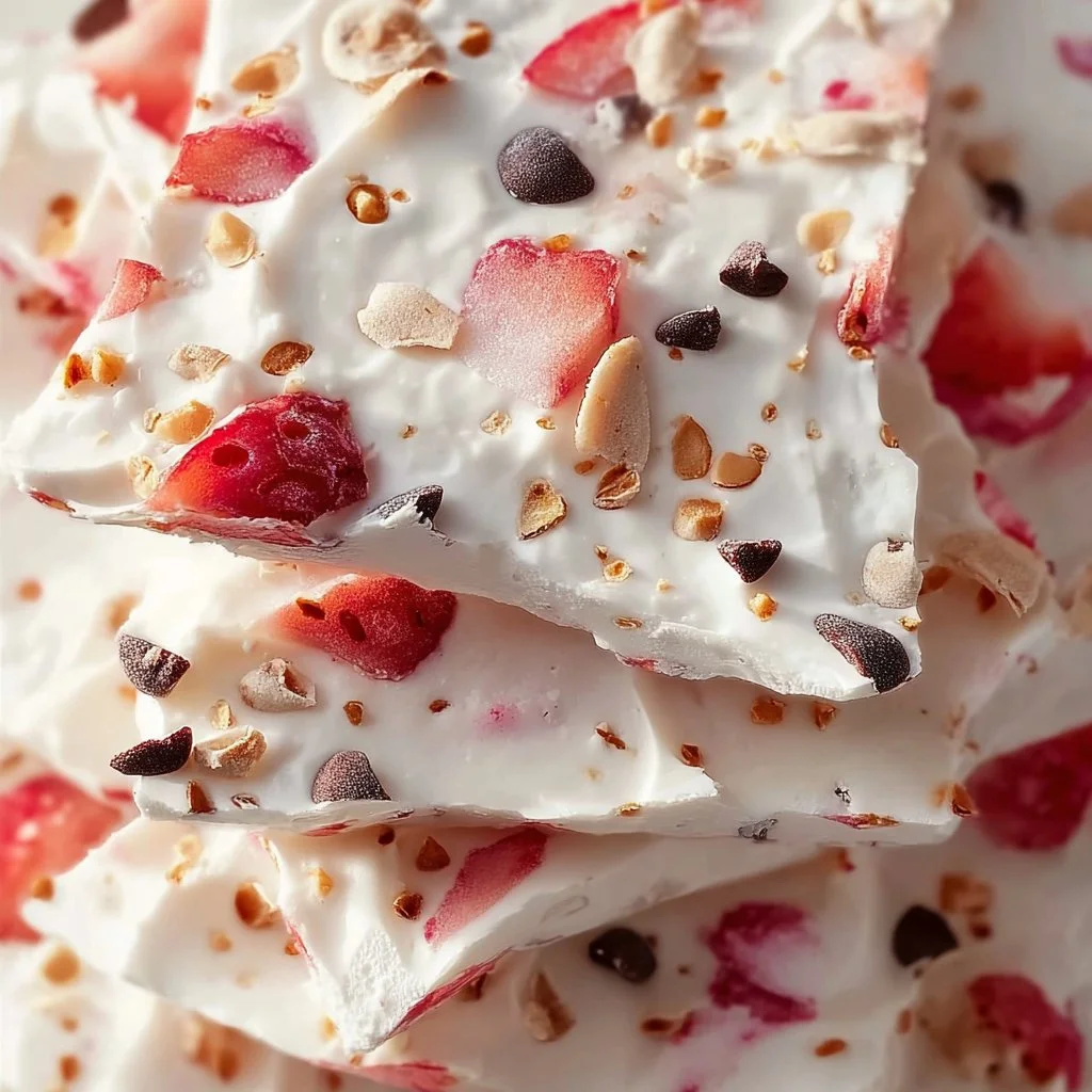 Homemade frozen yogurt bark with berries and nuts on a parchment paper