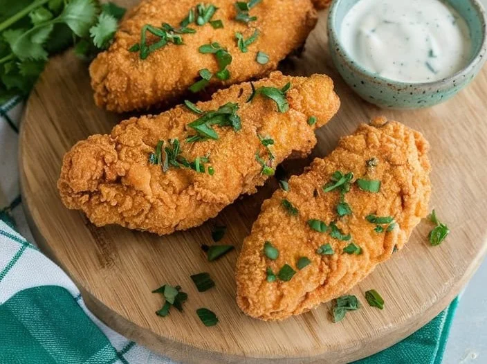 Crispy Golden Ranch-Style Chicken Strips plated with dipping sauce
