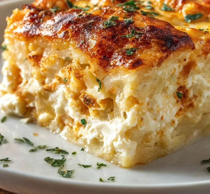 Delicious Grandma’s Hash Brown Casserole served in a baking dish