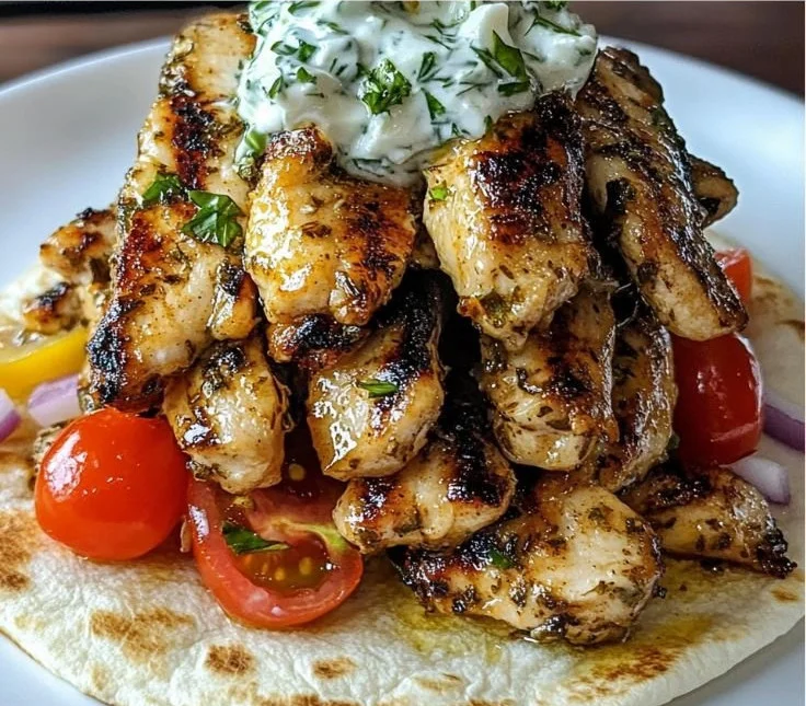 Greek Chicken Gyros with lemon-herb marinade and tzatziki sauce on a plate