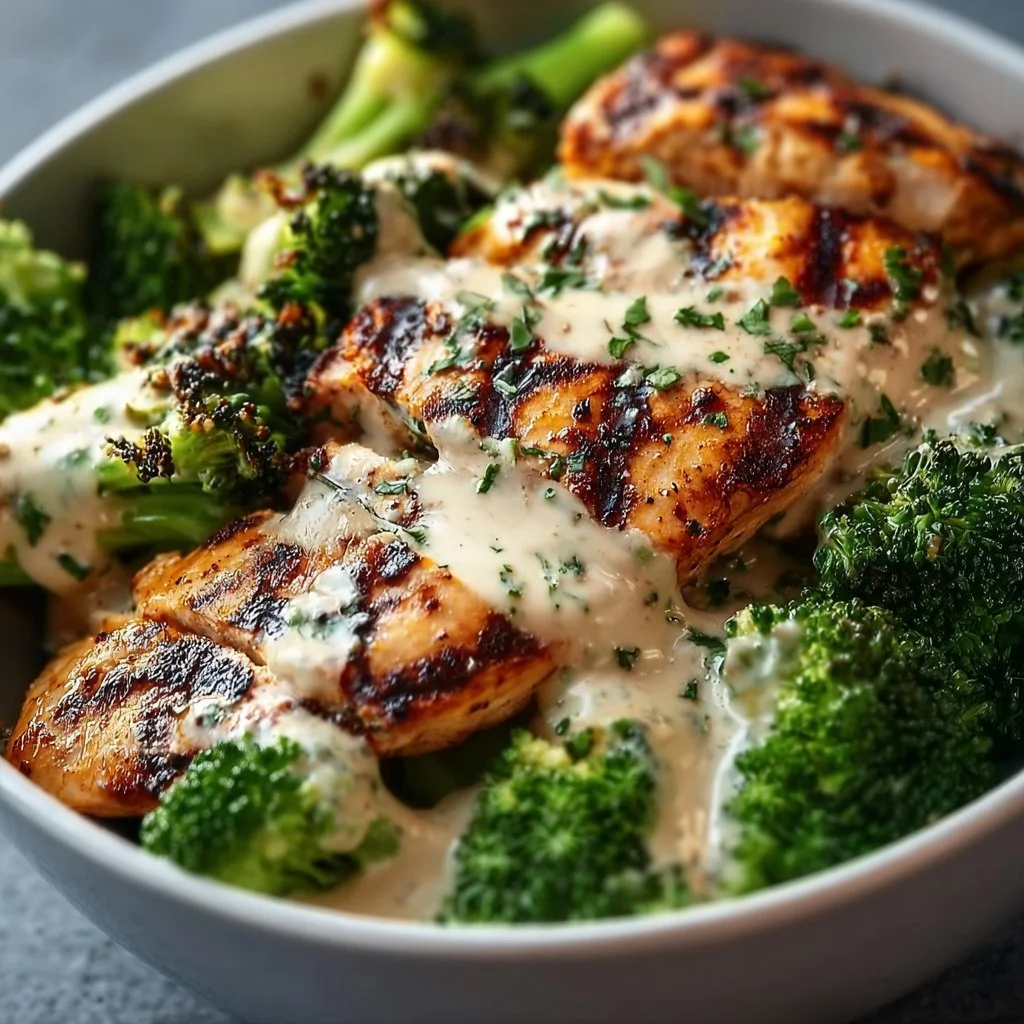 Grilled Chicken and Broccoli Bowl with Creamy Garlic Sauce