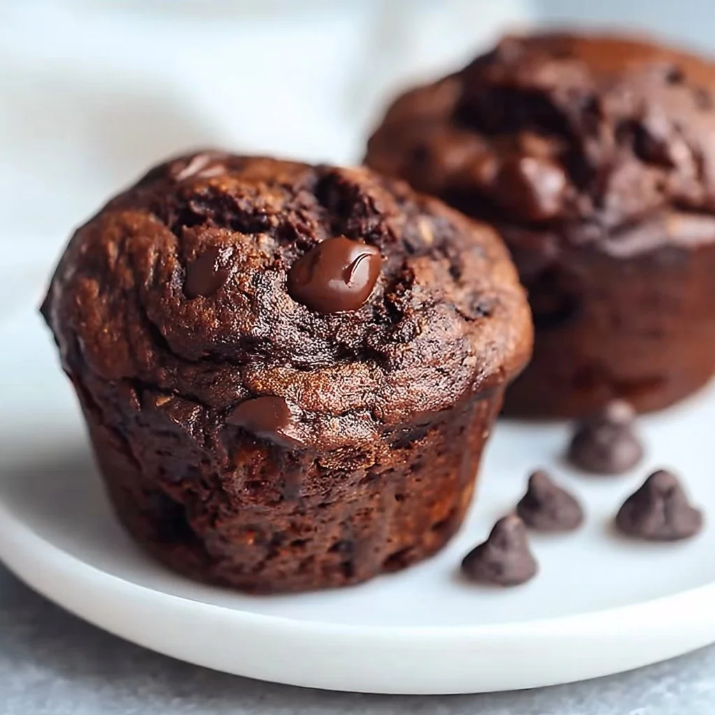 Healthy double chocolate banana muffins with chocolate chips and ripe bananas