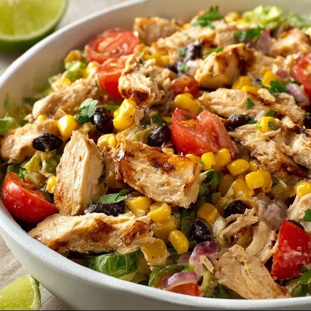 Healthy Southwest Chicken Salad with grilled chicken, fresh vegetables, and toppings