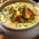 Bowl of hearty Cheddar Garlic Herb Potato Soup garnished with herbs