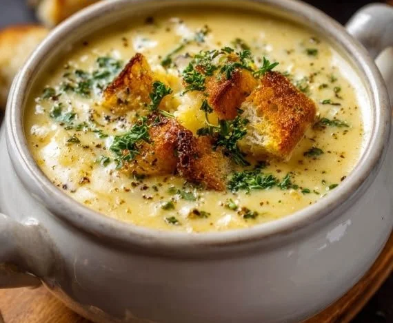 Bowl of hearty Cheddar Garlic Herb Potato Soup garnished with herbs