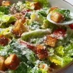 High protein Caesar salad with fresh greens, chicken, and creamy dressing.