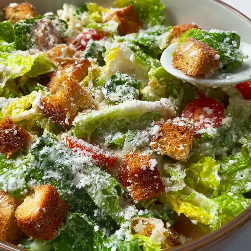 High protein Caesar salad with fresh greens, chicken, and creamy dressing.