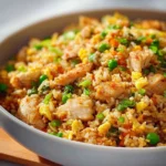 Plate of high protein chicken fried rice with vegetables and chicken pieces