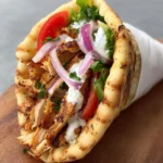 High-protein chicken gyros served with fresh vegetables and tzatziki sauce.