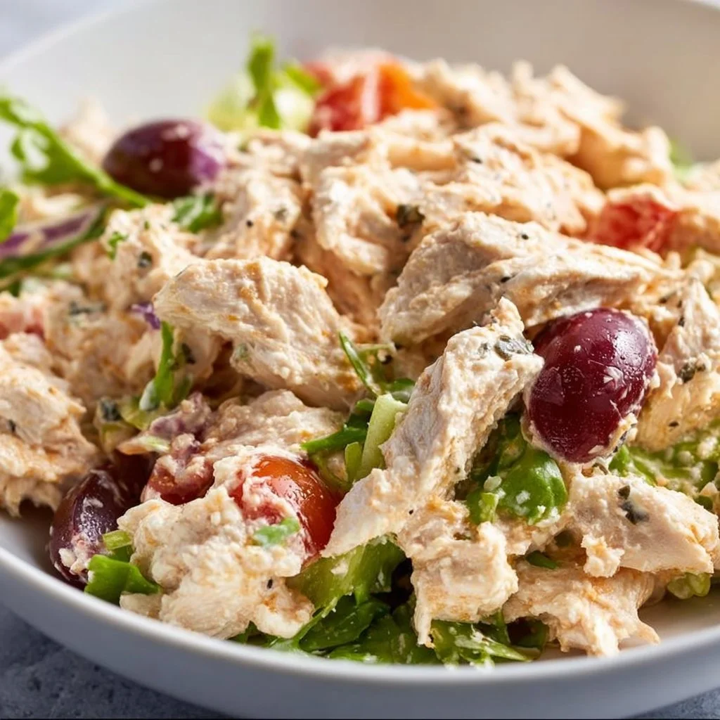 High protein chicken salad with fresh ingredients and dressing