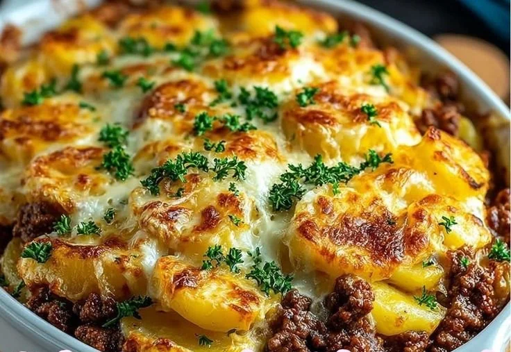 Delicious Hobo Casserole with layers of meat and vegetables