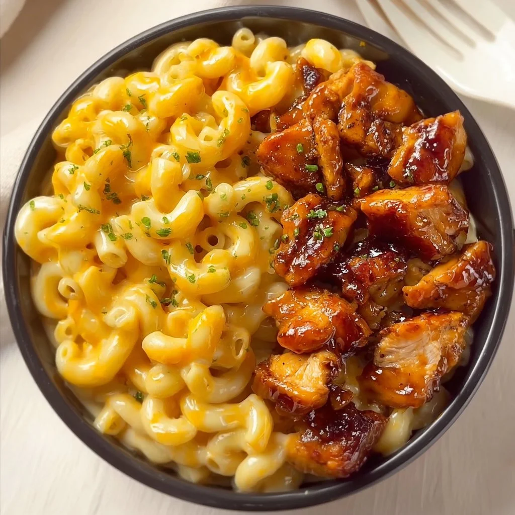 Delicious Honey BBQ Chicken Mac & Cheese served in a bowl