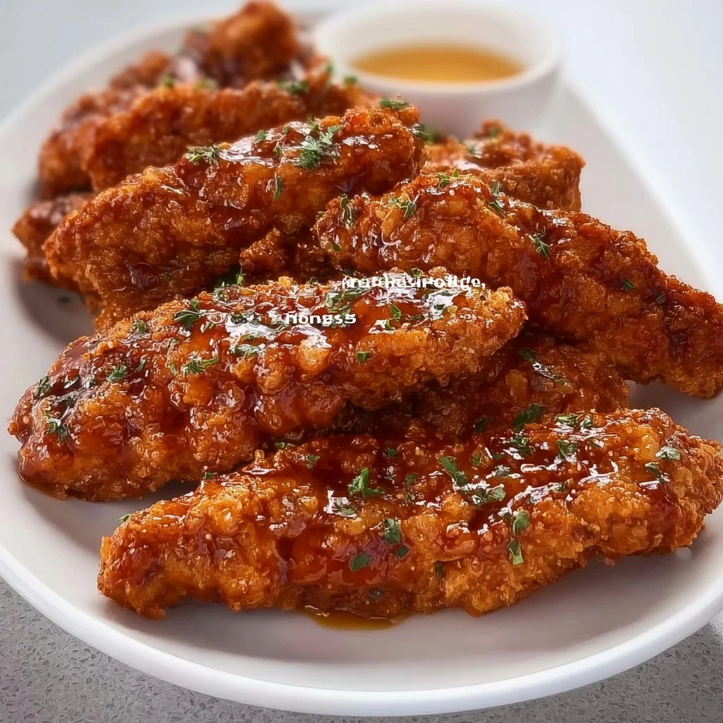 Plate of crispy Honey BBQ Chicken Tenders with dipping sauce