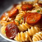 A plate of Honey BBQ Kielbasa Pasta garnished with herbs