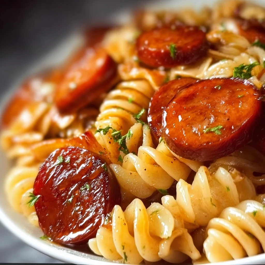 A plate of Honey BBQ Kielbasa Pasta garnished with herbs