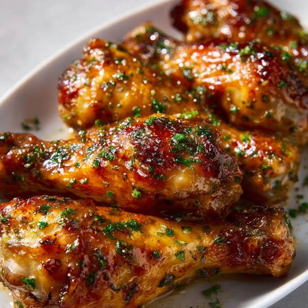 Honey Garlic Baked Chicken Drumsticks on a plate with herbs and garlic