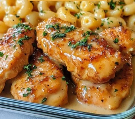 Plate of Honey Garlic Butter Chicken served with creamy mac & cheese