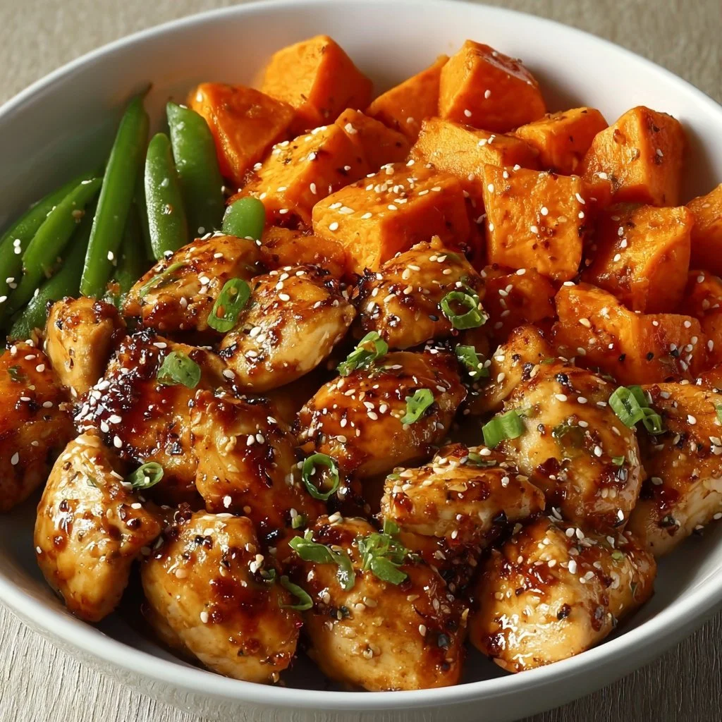 Honey Garlic Chicken served with roasted sweet potatoes on a plate