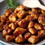 Delicious honey garlic chicken bites served with sauce and garnishes.