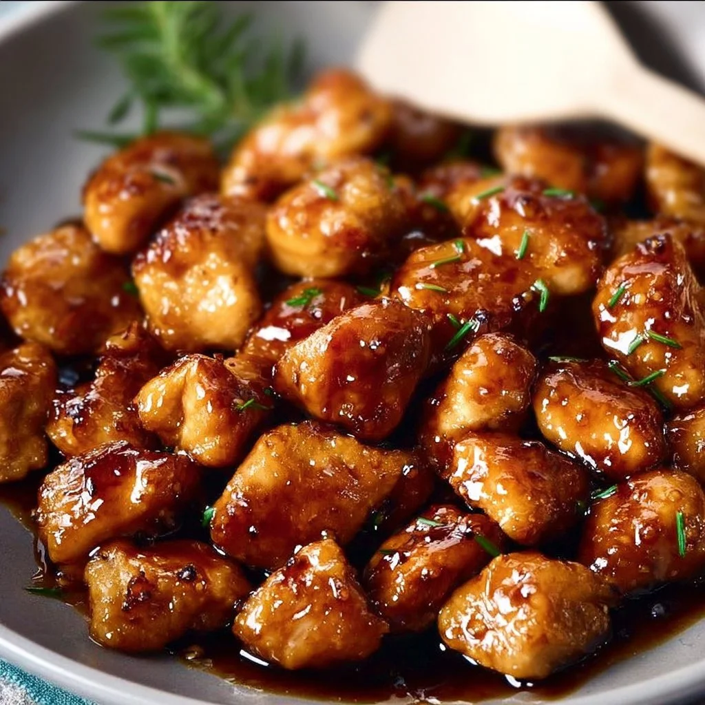Delicious honey garlic chicken bites served with sauce and garnishes.