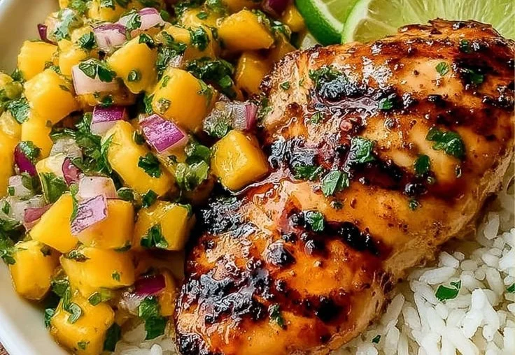 Honey Lime Chicken served with refreshing mango salsa on a plate