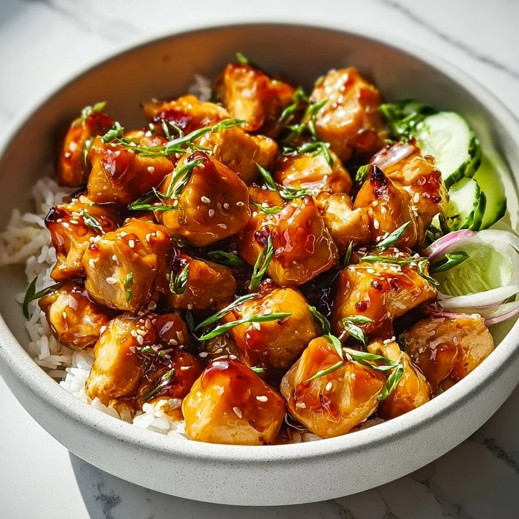Delicious Hot Honey Chicken Bowl with rice and vegetables