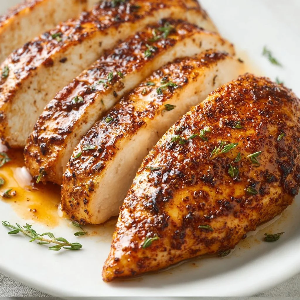 Juicy 30-minute baked chicken breast on a plate with herbs