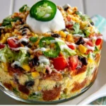 Layered Southwestern Cornbread Salad with vibrant vegetables and cornbread layers