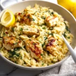 Bowl of Lemon Chicken Orzo with chicken, orzo pasta, and fresh herbs.