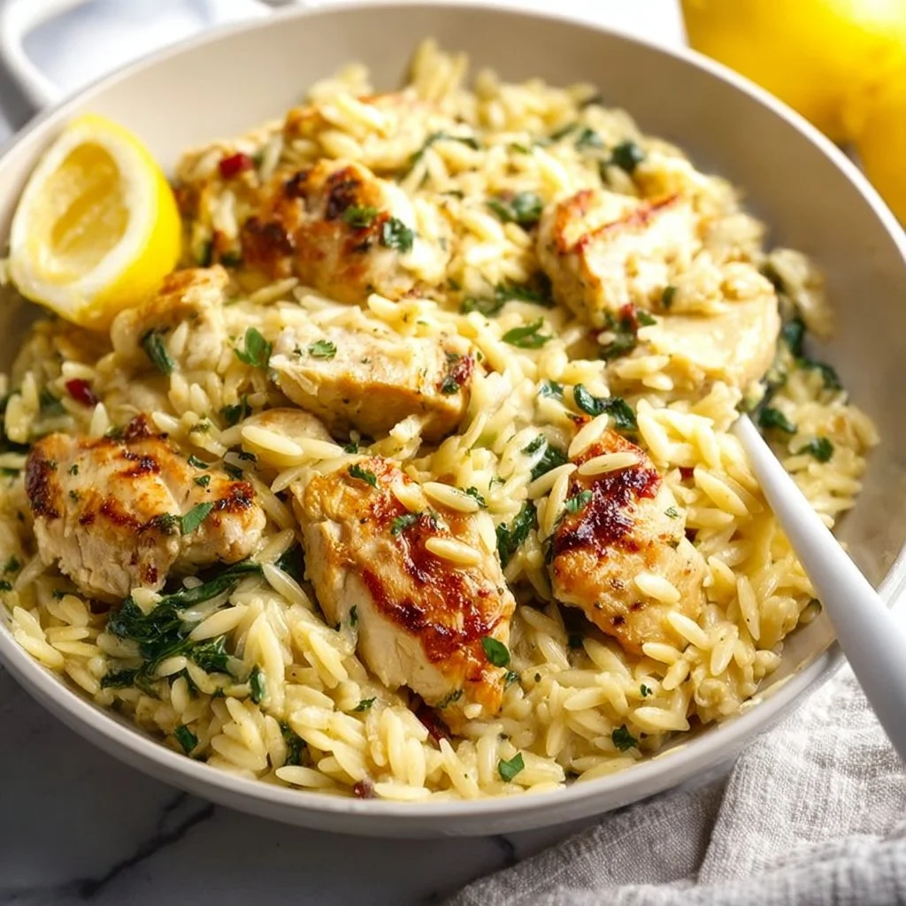 Bowl of Lemon Chicken Orzo with chicken, orzo pasta, and fresh herbs.
