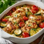 Mediterranean Chicken Zucchini Bake topped with fresh herbs and spices
