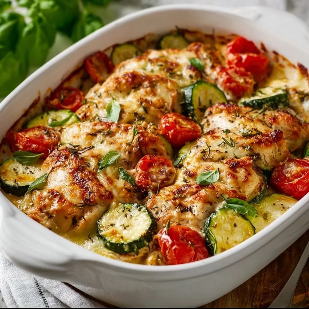 Mediterranean Chicken Zucchini Bake topped with fresh herbs and spices