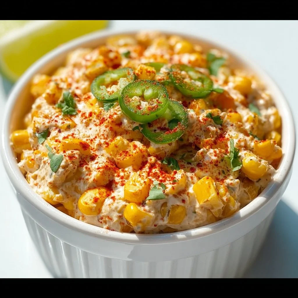 Bowl of creamy Mexican street corn dip with toppings.