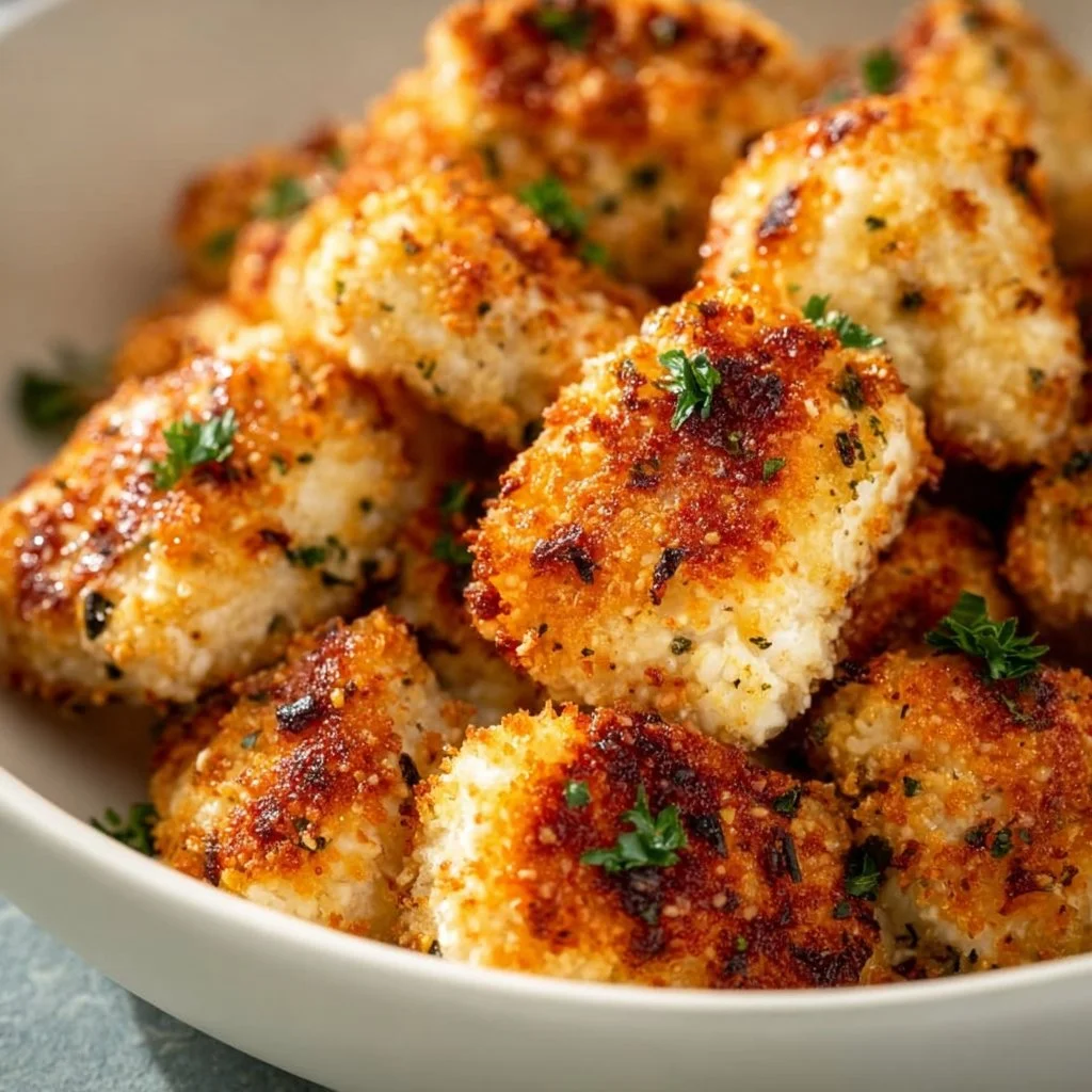 Ninja Air Fryer garlic parmesan chicken bites served on a plate