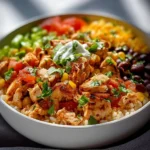 One-Pan Chicken Burrito Bowl with chicken, rice, beans, and toppings
