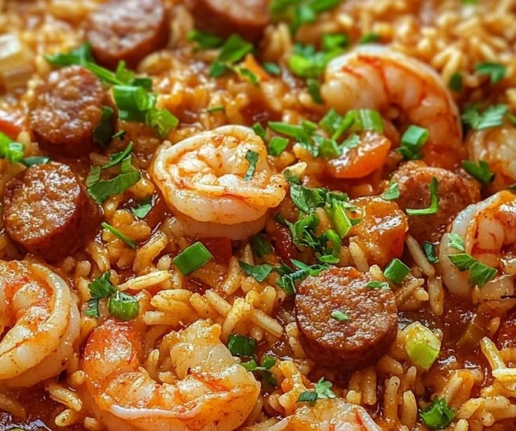 Delicious one pot shrimp jambalaya with sausage, veggies, and spices.