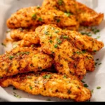 Crispy oven baked chicken tenders on a plate with dipping sauce
