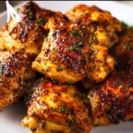 Juicy oven baked chicken thighs seasoned and ready to serve.