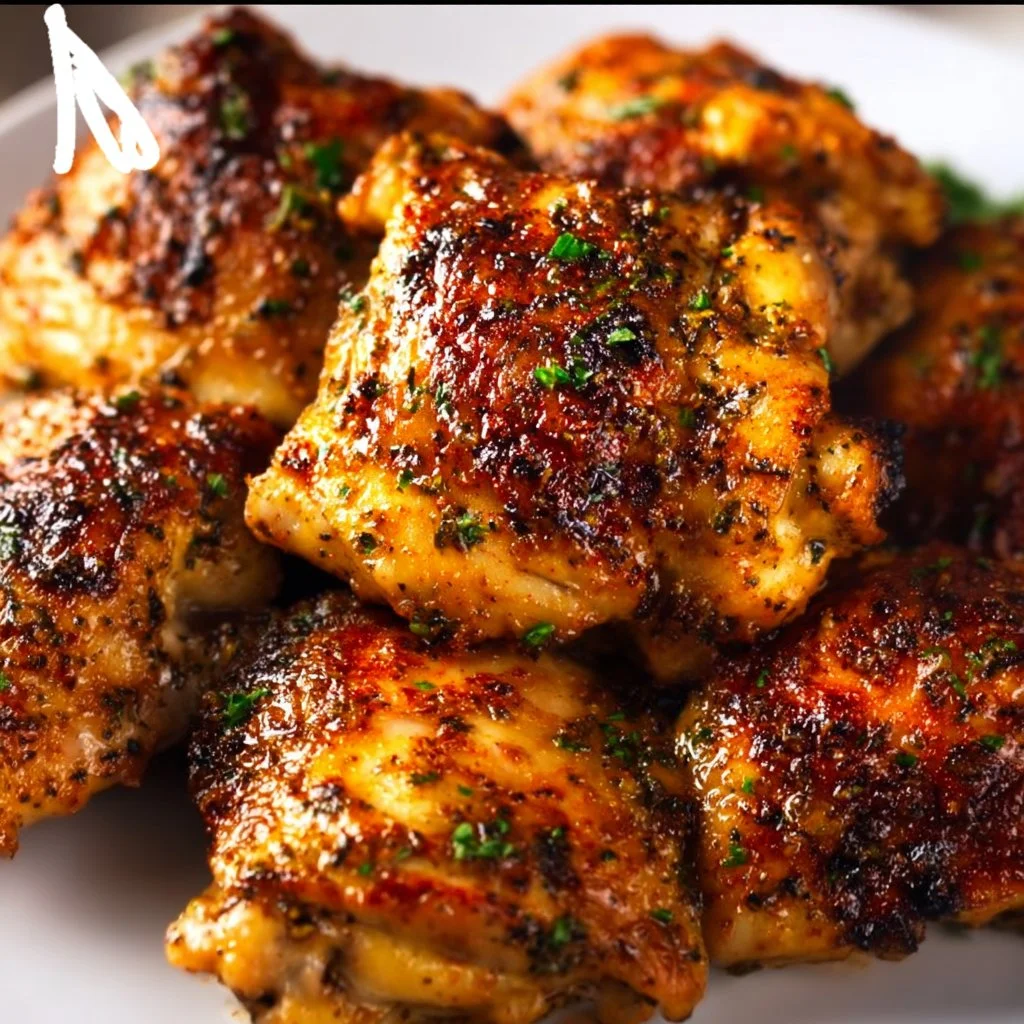 Juicy oven baked chicken thighs seasoned and ready to serve.