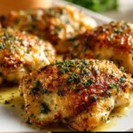 Oven-baked ranch chicken thighs garnished with herbs