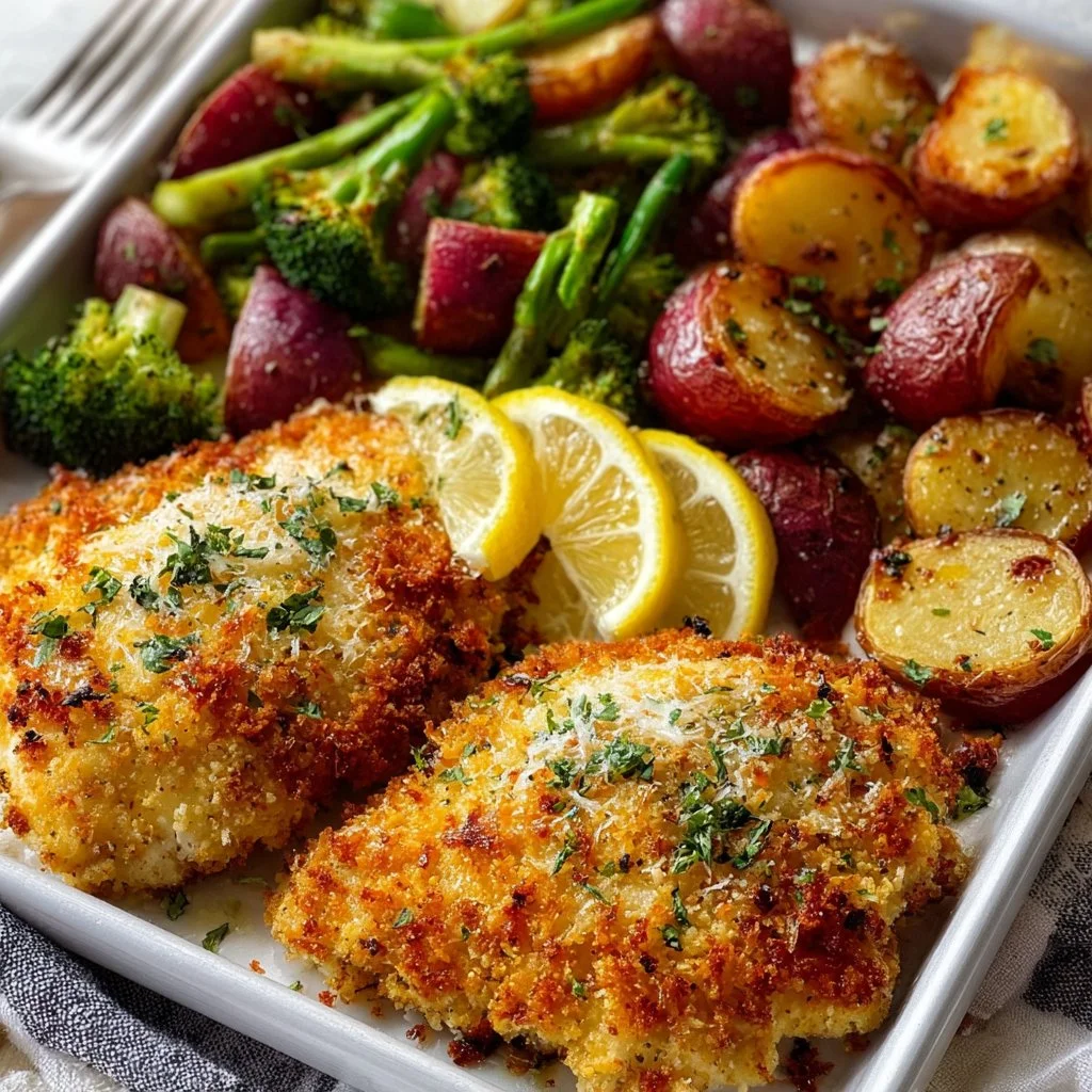 Parmesan crusted chicken sheet pan dinner with delicious vegetables