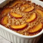 Delicious Peach Baked Oatmeal served in a bowl, topped with fresh peach slices