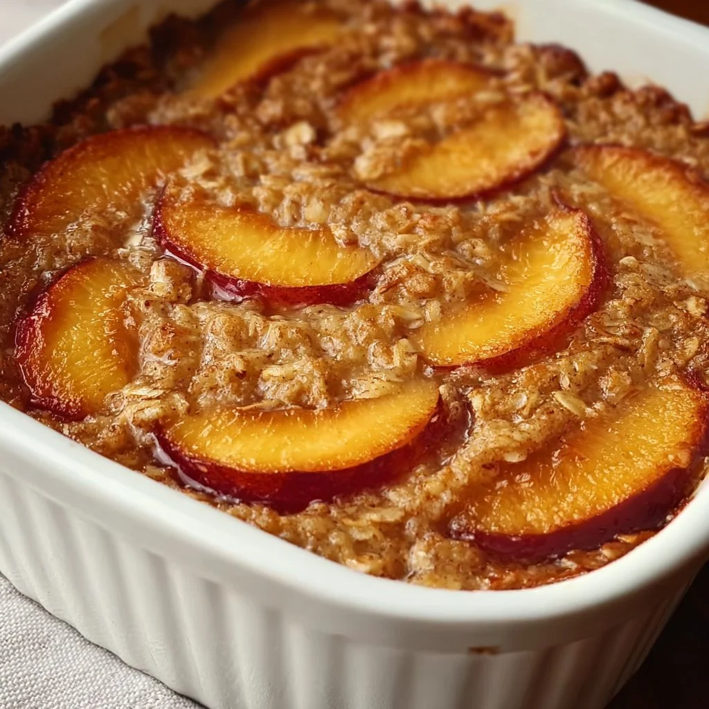 Delicious Peach Baked Oatmeal served in a bowl, topped with fresh peach slices