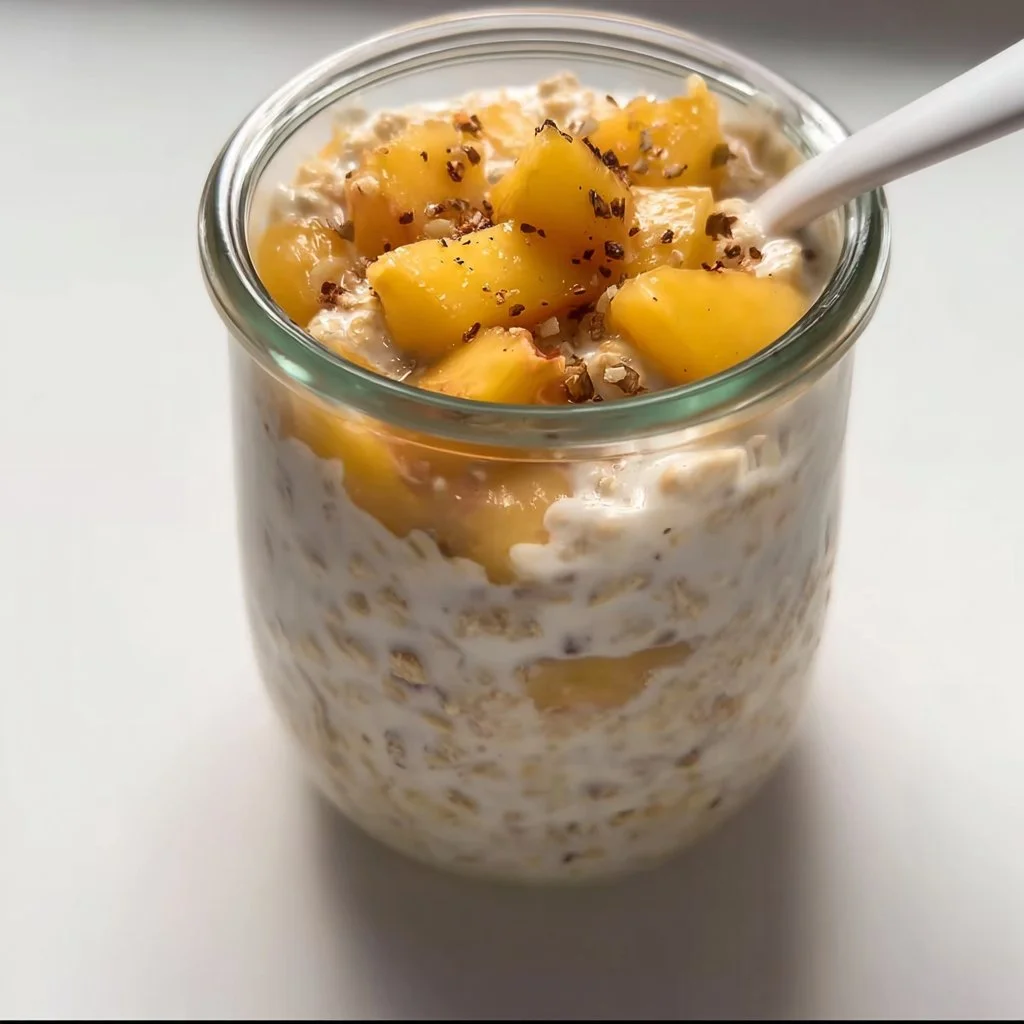 Bowl of Peach Cobbler Overnight Oats topped with fresh peaches and cinnamon