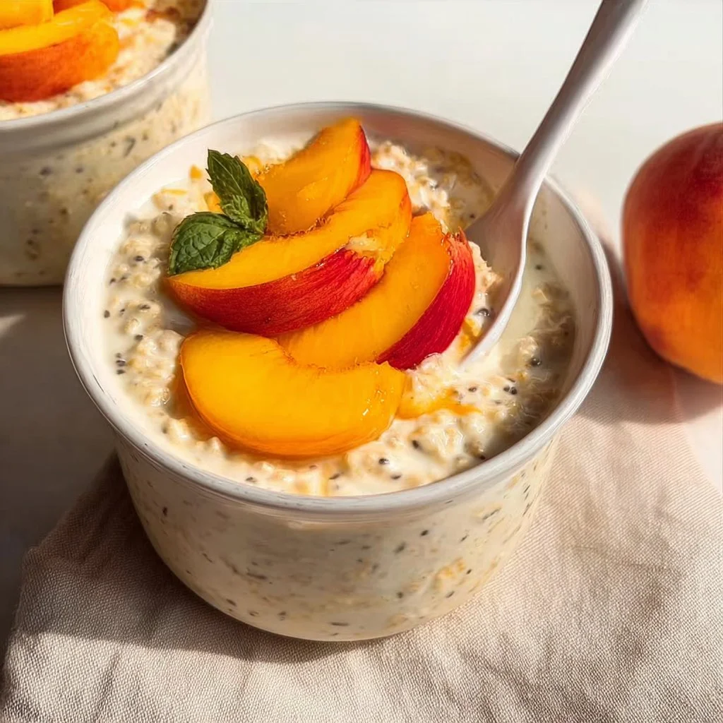 Bowl of peaches and cream overnight oatmeal topped with fresh peaches.