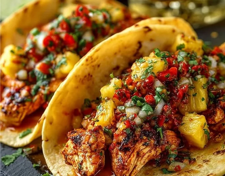 Delicious Pineapple Chicken Tacos served on a plate with fresh toppings.
