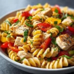 Protein-Packed Chicken Pasta Salad 3 A delicious bowl of protein-packed chicken pasta salad topped with fresh vegetables.