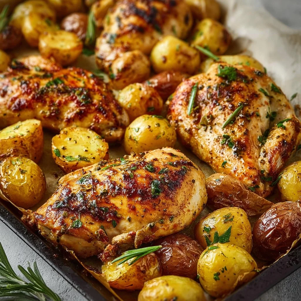 Ranch Sheet Pan Chicken with crispy potatoes cooked together on a baking sheet