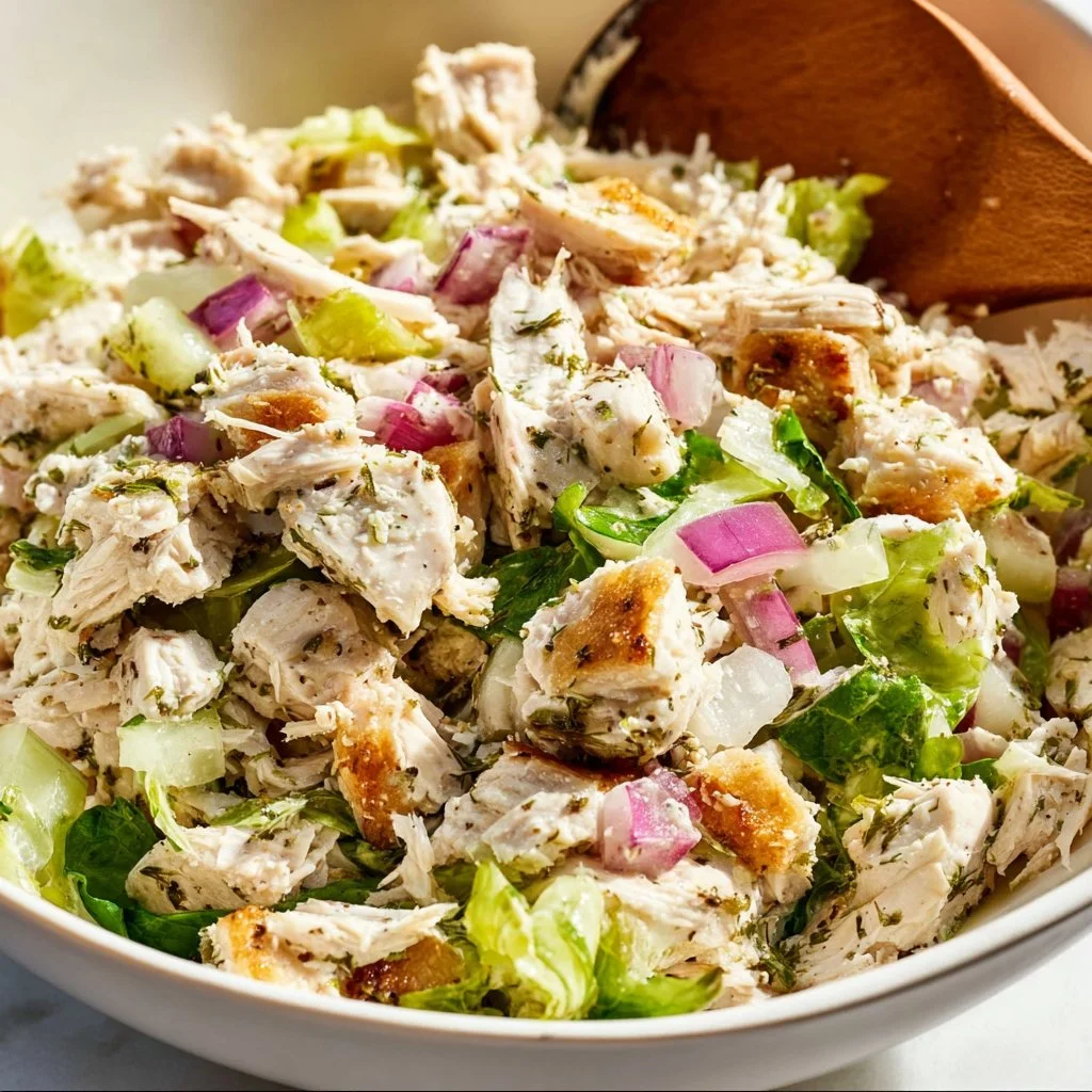 Healthy rotisserie chicken salad with fresh vegetables and dressing