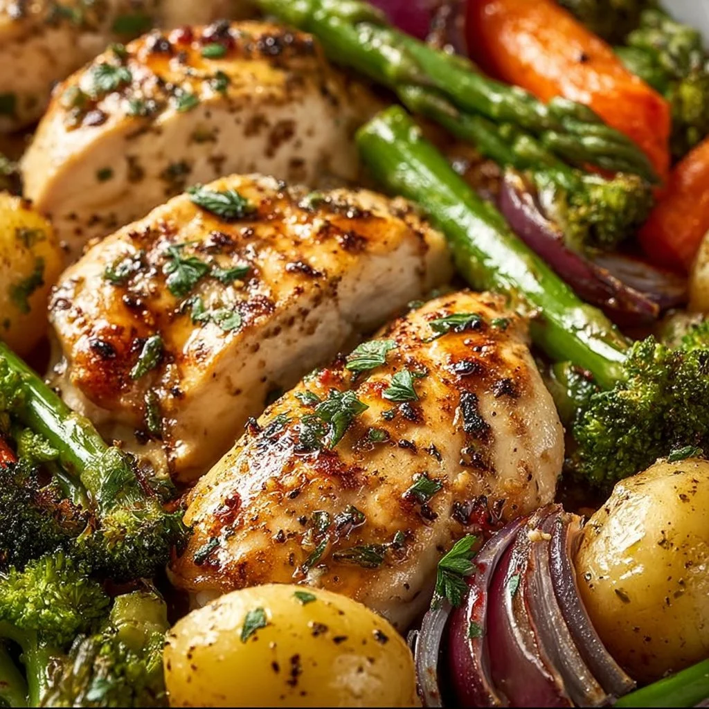 Sheet pan dinner with garlic butter chicken and roasted vegetables